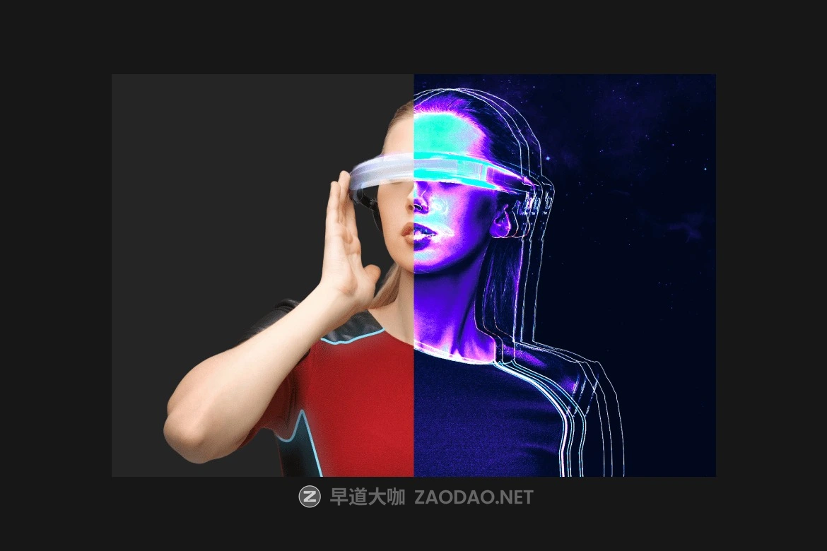 未来科幻全息扭曲霓虹灯光线条纹照片效果ps特效滤镜样机 Vivid Glitch Cyberpunk Photo Effect插图3 未来科幻全息扭曲霓虹灯光线条纹照片效果ps特效滤镜样机 Vivid Glitch Cyberpunk Photo Effect插图3