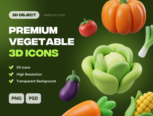 50款高级质感有机绿色蔬菜食物3D插图图标icons设计png免抠图素材 Premium Vegetable 3D icons