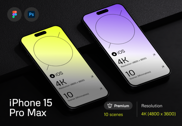 10款高级黑化风UI作品展示效果图苹果iPhone 15 Pro Max手机PS/Figma贴图样机模板 Mockup iPhone 15 Pro Max特色图 10款高级黑化风UI作品展示效果图苹果iPhone 15 Pro Max手机PS/Figma贴图样机模板 Mockup iPhone 15 Pro Max