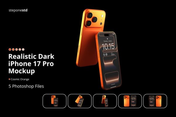 5款橙色ui界面广告作品设计苹果iPhone 17 Pro手机贴图样机psd模板素材 Realistic Dark iPhone 17 Pro Mockup特色图 5款橙色ui界面广告作品设计苹果iPhone 17 Pro手机贴图样机psd模板素材 Realistic Dark iPhone 17 Pro Mockup