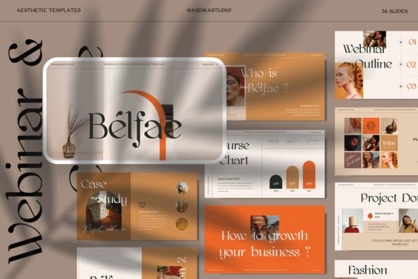 36页创造力品牌推广作品集产品图册设计苹果幻灯片keynote模板素材 Bélfae – Keynote Webinar & Course