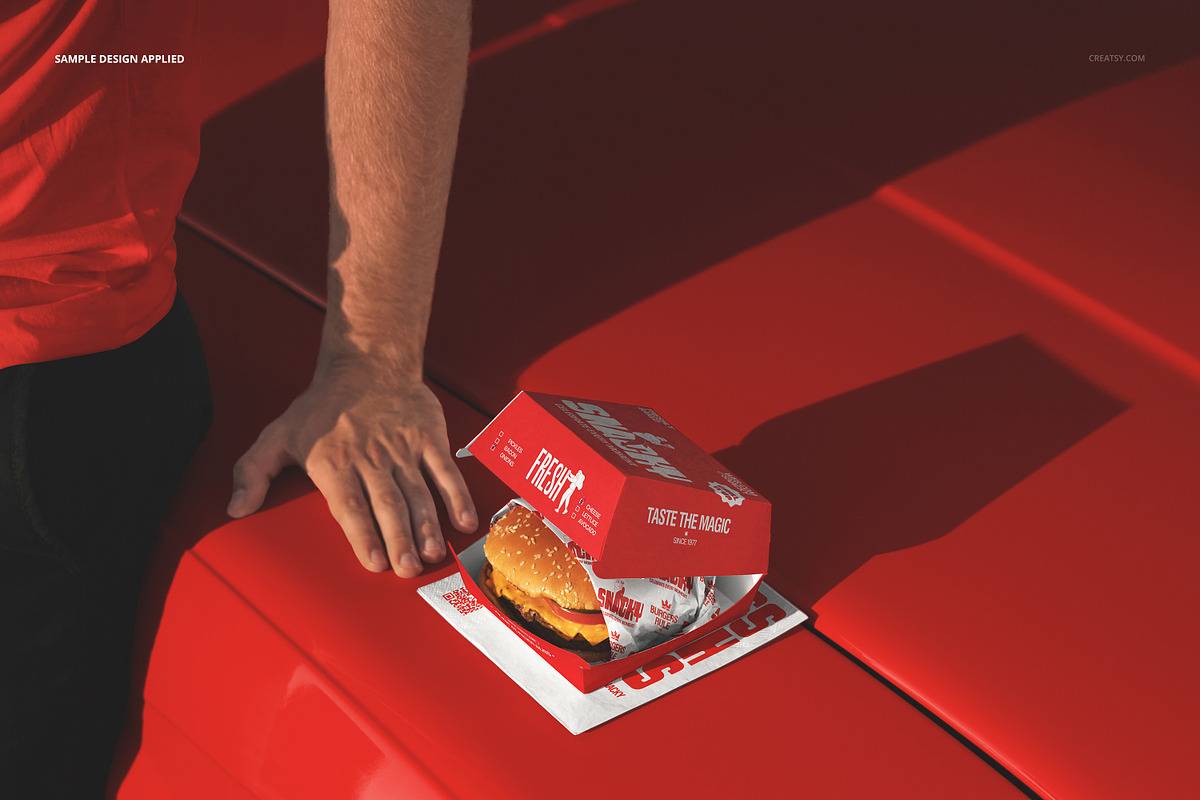1款真实拍摄汉堡包装纸盒品牌vi设计贴图psd样机模板 Burger in Box on Car Hood Mockup特色图 1款真实拍摄汉堡包装纸盒品牌vi设计贴图psd样机模板 Burger in Box on Car Hood Mockup