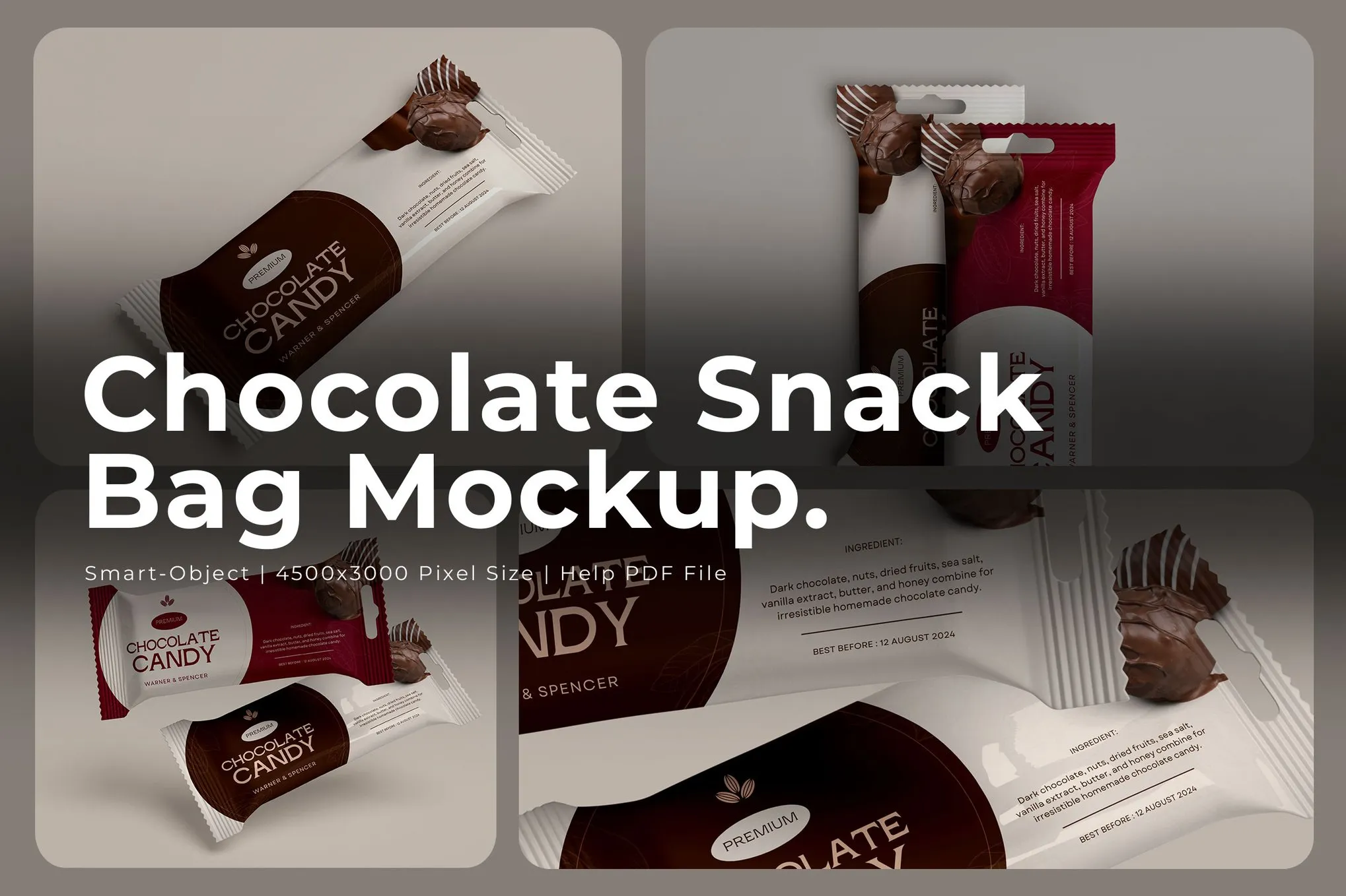 3款巧克力威化饼饼干糖果塑料包装袋设计ps展示效果图样机mockup模板 Chocolate Snack Bag Mockup插图 3款巧克力威化饼饼干糖果塑料包装袋设计ps展示效果图样机mockup模板 Chocolate Snack Bag Mockup插图