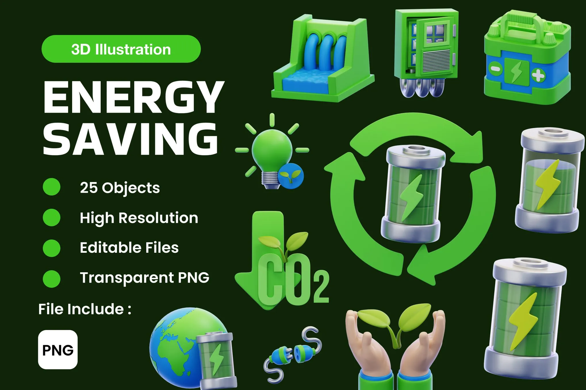 25款3d立体绿色环保可再生新能源插图图标icons设计png免抠图素材 Energy Saving 3D Illustration