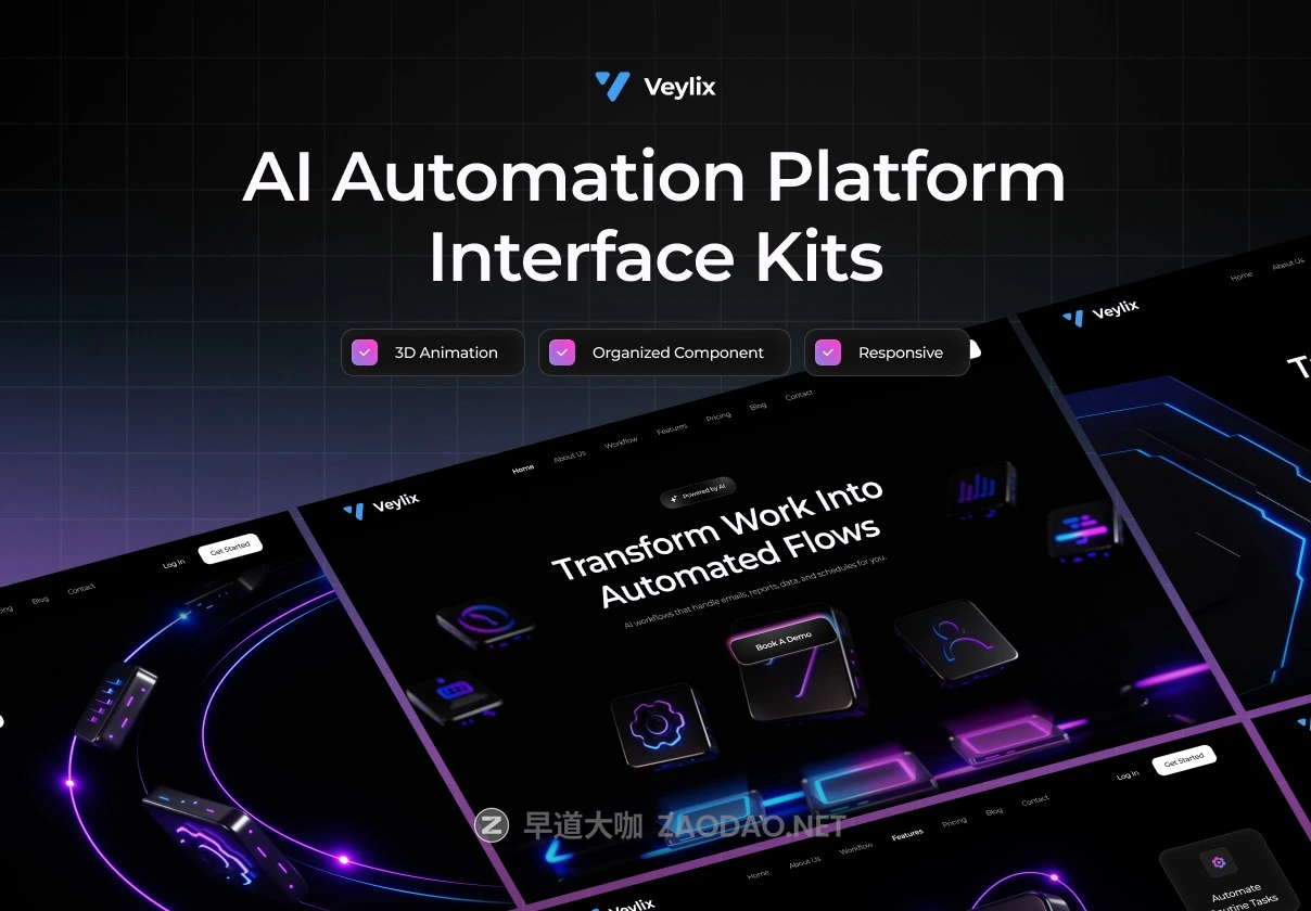 暗黑响应式未来AI智能自动化SaaS服务落地页网站UI界面设计figma模板素材 Veylix — AI Automation Platform UI Kit for SaaS & Startup插图 暗黑响应式未来AI智能自动化SaaS服务落地页网站UI界面设计figma模板素材 Veylix — AI Automation Platform UI Kit for SaaS & Startup插图