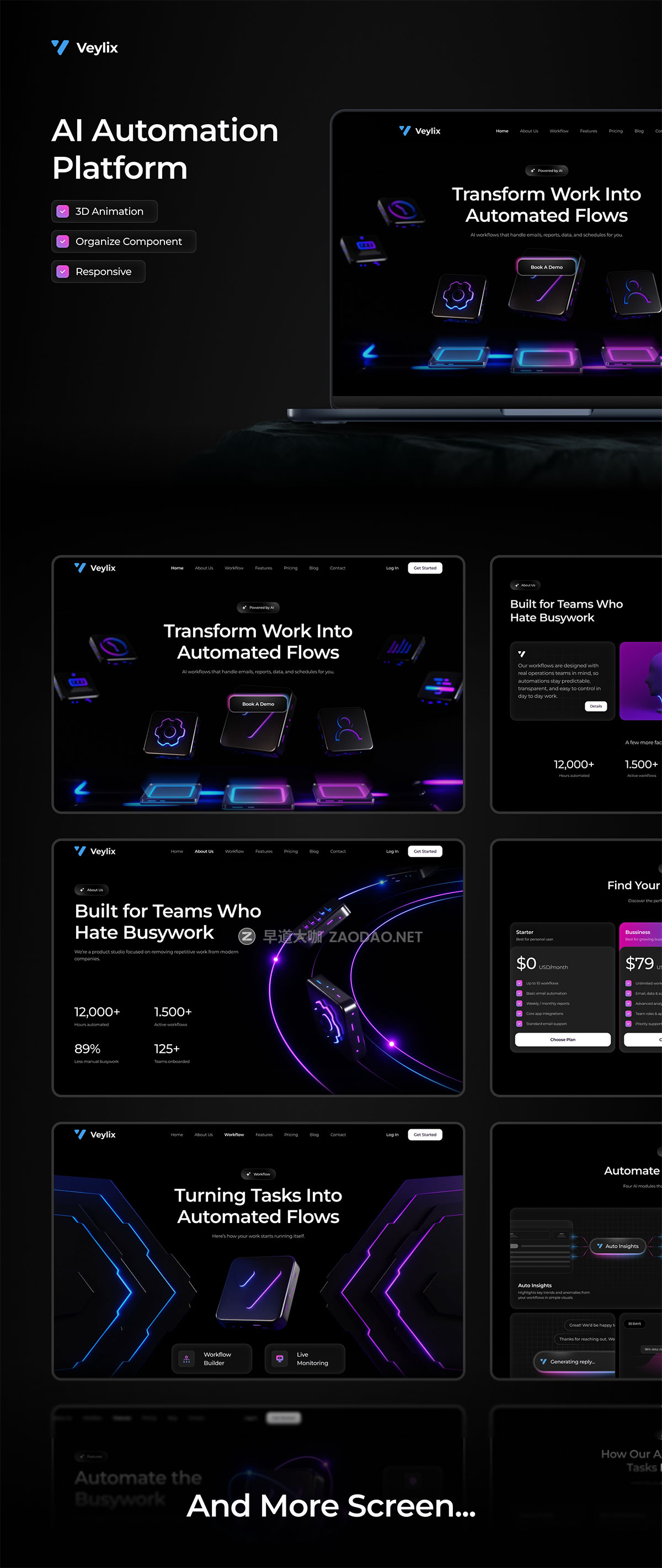 暗黑响应式未来AI智能自动化SaaS服务落地页网站UI界面设计figma模板素材 Veylix — AI Automation Platform UI Kit for SaaS & Startup插图8 暗黑响应式未来AI智能自动化SaaS服务落地页网站UI界面设计figma模板素材 Veylix — AI Automation Platform UI Kit for SaaS & Startup插图8