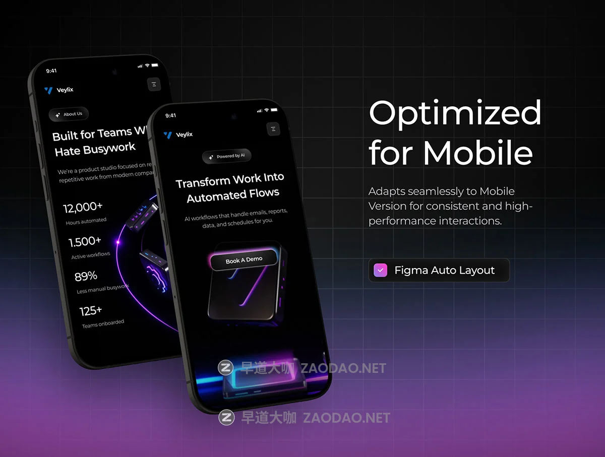 暗黑响应式未来AI智能自动化SaaS服务落地页网站UI界面设计figma模板素材 Veylix — AI Automation Platform UI Kit for SaaS & Startup插图4 暗黑响应式未来AI智能自动化SaaS服务落地页网站UI界面设计figma模板素材 Veylix — AI Automation Platform UI Kit for SaaS & Startup插图4