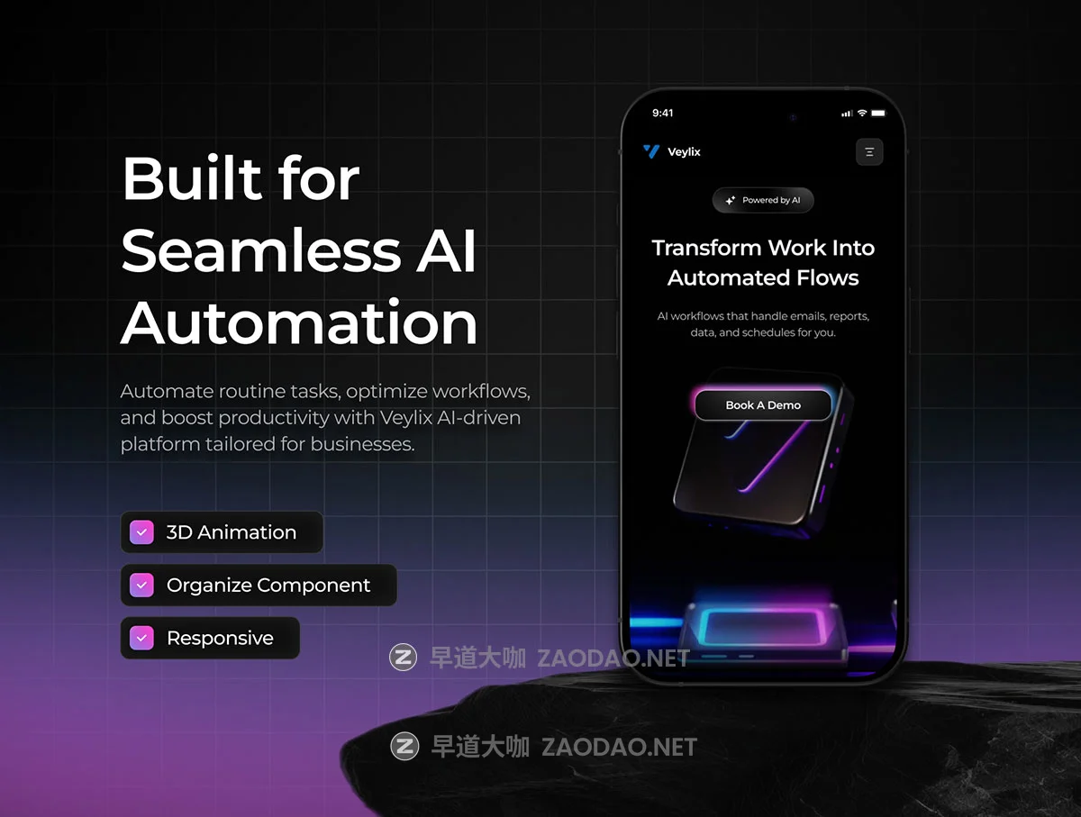 暗黑响应式未来AI智能自动化SaaS服务落地页网站UI界面设计figma模板素材 Veylix — AI Automation Platform UI Kit for SaaS & Startup插图3 暗黑响应式未来AI智能自动化SaaS服务落地页网站UI界面设计figma模板素材 Veylix — AI Automation Platform UI Kit for SaaS & Startup插图3
