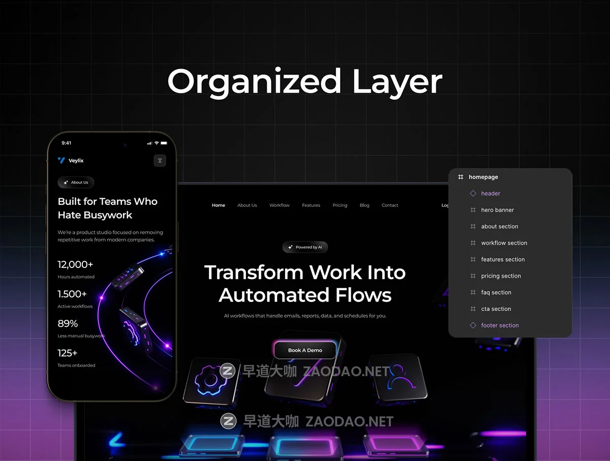 暗黑响应式未来AI智能自动化SaaS服务落地页网站UI界面设计figma模板素材 Veylix — AI Automation Platform UI Kit for SaaS & Startup插图1 暗黑响应式未来AI智能自动化SaaS服务落地页网站UI界面设计figma模板素材 Veylix — AI Automation Platform UI Kit for SaaS & Startup插图1