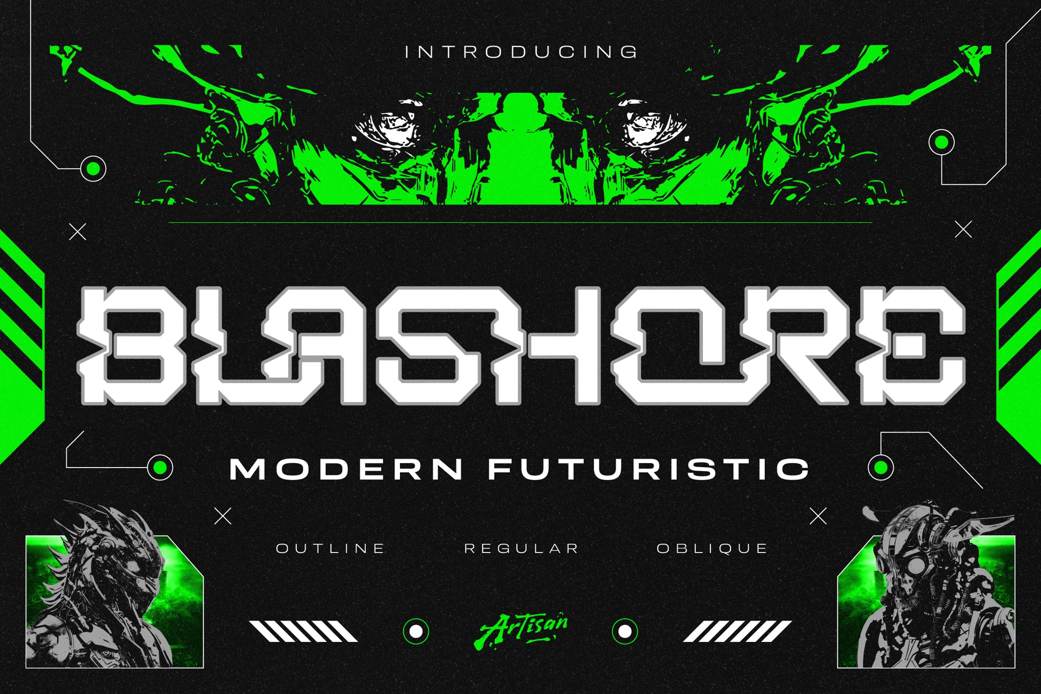 未来科幻机甲先锋赛博朋克电子竞技品牌海报标题设计装饰英文字体安装包 Blashore特色图 未来科幻机甲先锋赛博朋克电子竞技品牌海报标题设计装饰英文字体安装包 Blashore