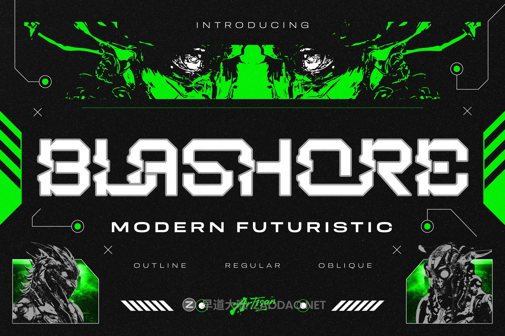 未来科幻机甲先锋赛博朋克电子竞技品牌海报标题设计装饰英文字体安装包 Blashore插图 未来科幻机甲先锋赛博朋克电子竞技品牌海报标题设计装饰英文字体安装包 Blashore插图