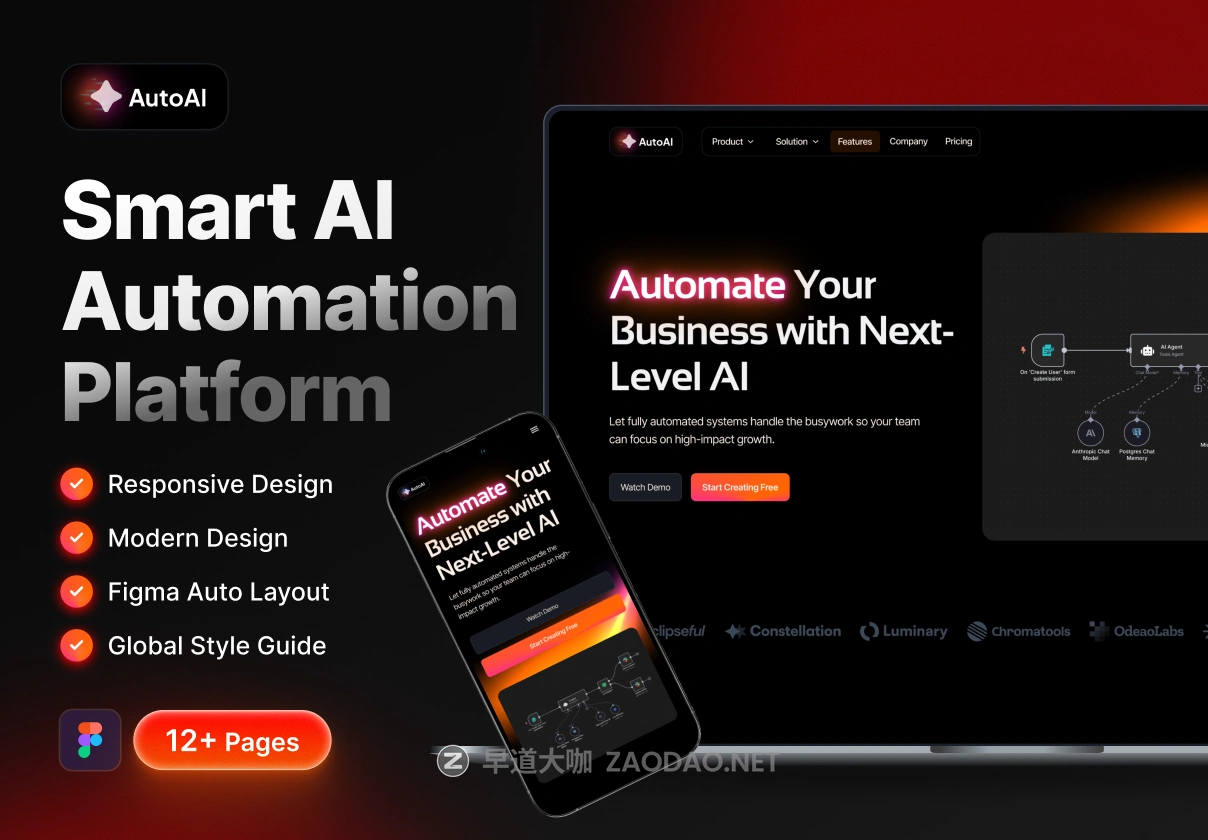 响应式暗黑AI智能自动化CRM系统SaaS服务订阅UI界面设计figma模板素材 AI Automation Platform – AutoAI插图 响应式暗黑AI智能自动化CRM系统SaaS服务订阅UI界面设计figma模板素材 AI Automation Platform – AutoAI插图