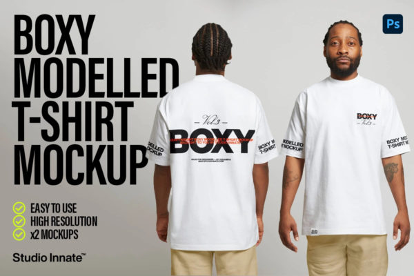 2款场景嘻哈超大男士T恤半袖印花logo设计ps贴图效果图样机模板 Boxy Modelled T-Shirt Mockup