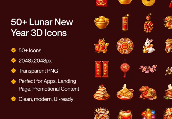 50+款中国新年春节主题3d立体插图图标icons设计png/figma格式素材 Chinese New Year 3D Icon Pack – Prosperity & Celebration