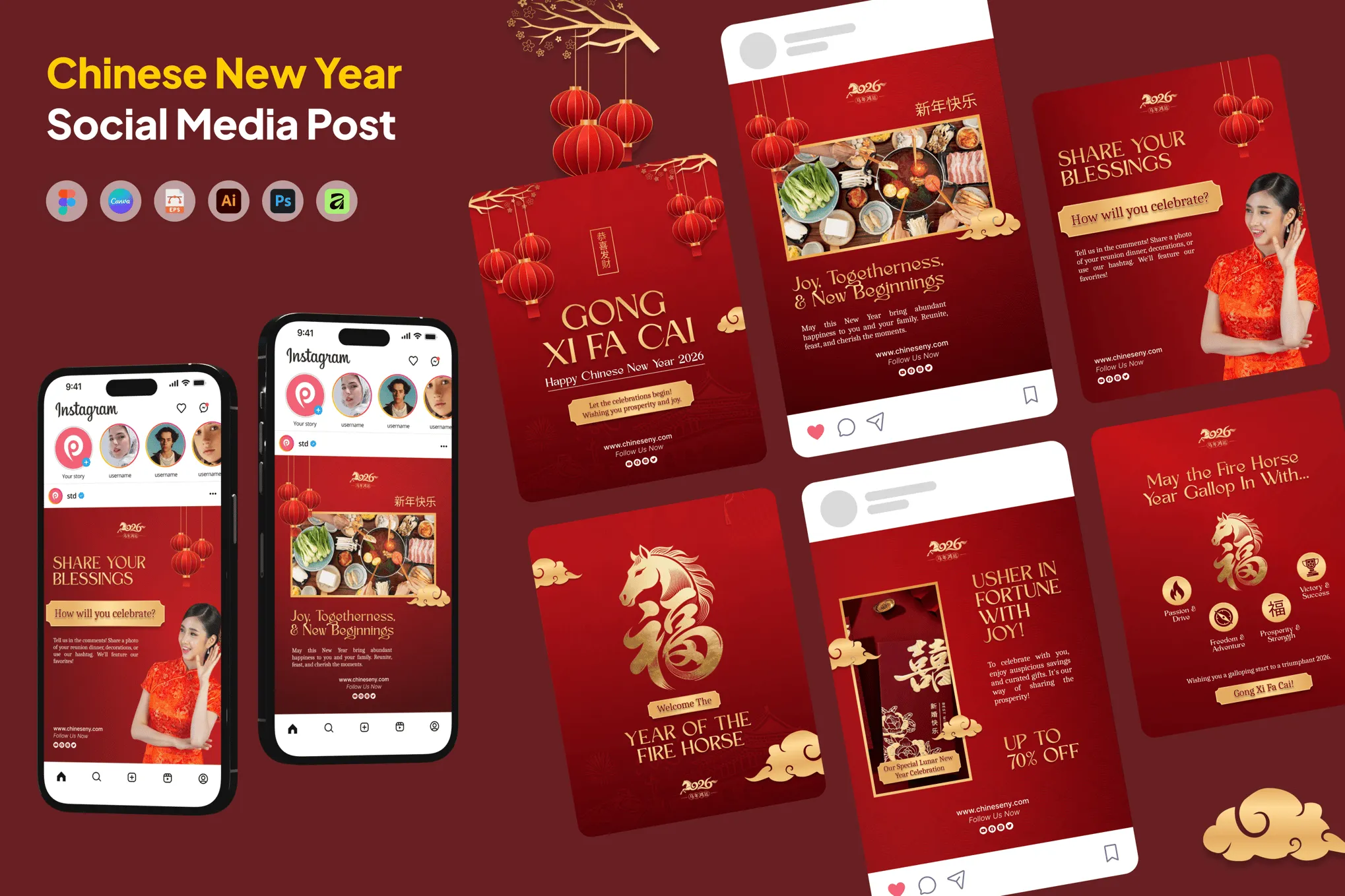 Ins风中国新年春节企业祝福海报社交媒体推广模板设计ps/ai素材 Chinese New Year Social Media Instagram Carousel