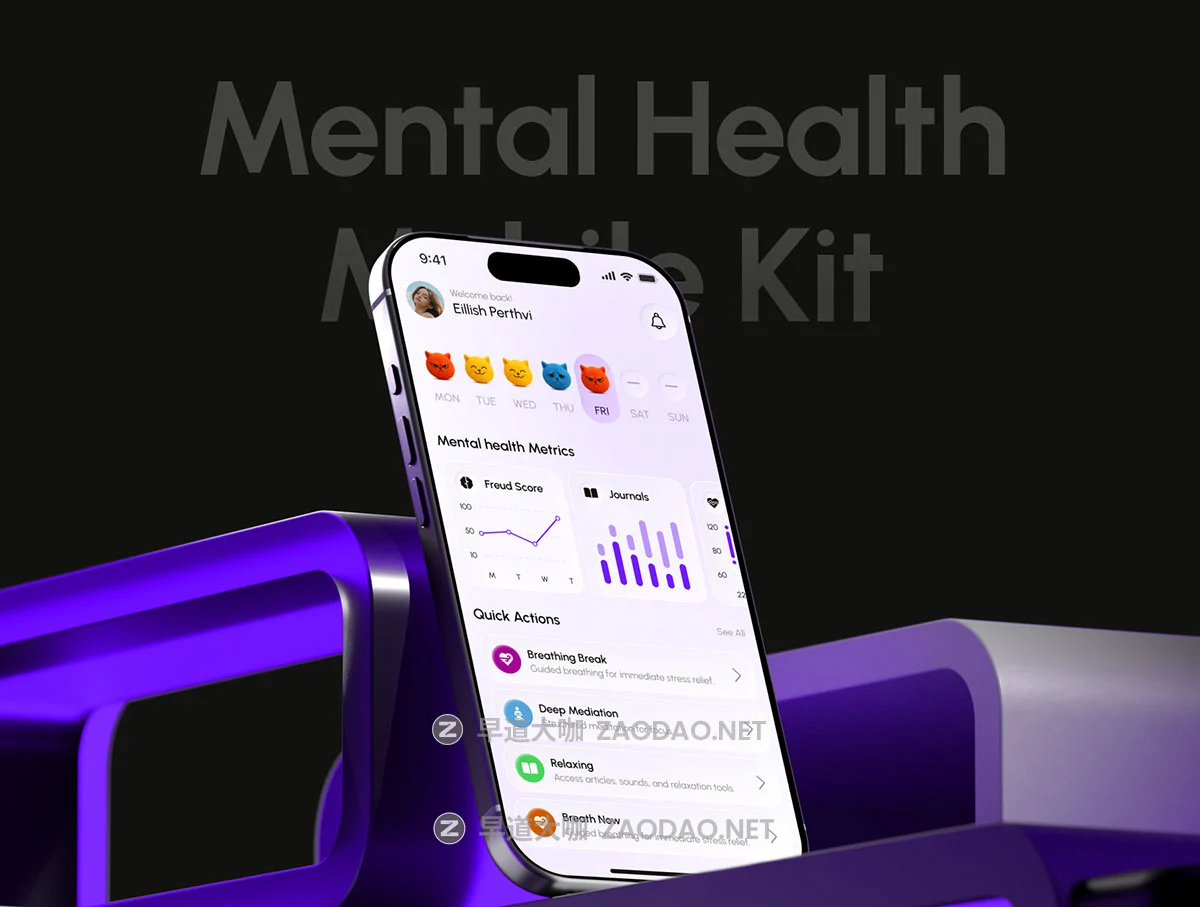 30+屏心里健康冥想情绪数据日记记录跟踪app应用程序设计figma模板ui套件素材 Conscio – Mental Health App Kit插图5 30+屏心里健康冥想情绪数据日记记录跟踪app应用程序设计figma模板ui套件素材 Conscio – Mental Health App Kit插图5