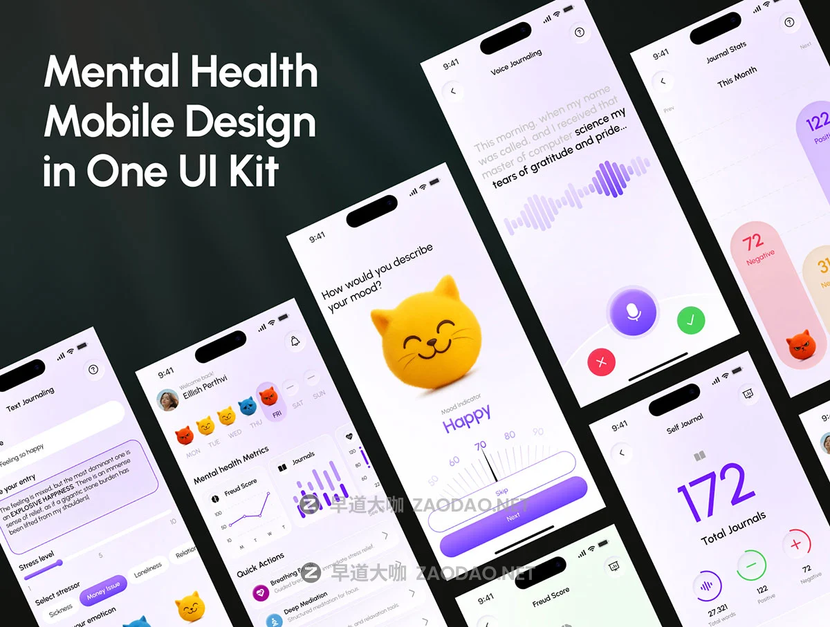 30+屏心里健康冥想情绪数据日记记录跟踪app应用程序设计figma模板ui套件素材 Conscio – Mental Health App Kit插图4 30+屏心里健康冥想情绪数据日记记录跟踪app应用程序设计figma模板ui套件素材 Conscio – Mental Health App Kit插图4
