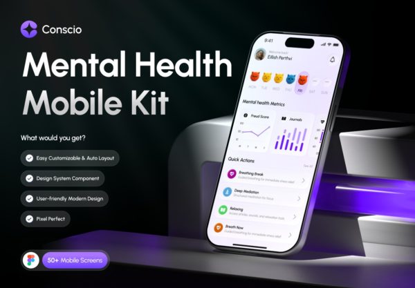 30+屏心里健康冥想情绪数据日记记录跟踪app应用程序设计figma模板ui套件素材 Conscio – Mental Health App Kit