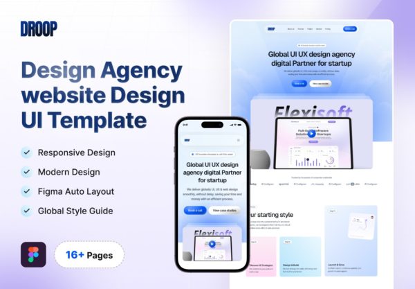 现代创意响应式数字机构企业网站ui界面布局设计figma模板素材 Design Agency Website Design UI Template – Droop