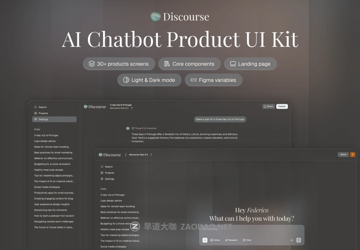 30+屏AI智能聊天机器人工作助手图片视频生成器网站ui界面设计figma模板 Discourse插图 30+屏AI智能聊天机器人工作助手图片视频生成器网站ui界面设计figma模板 Discourse插图