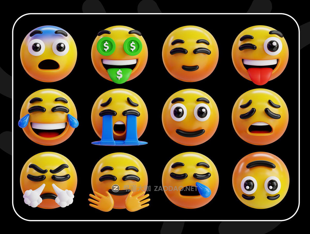 50款可爱卡通有趣创意3d表情Emoji笑脸情绪图标icons设计png/blender/fbx格式素材 Emoji 3D Icon Packs
