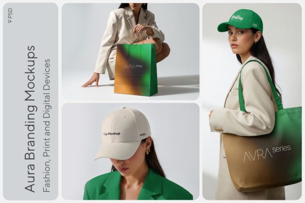 9款女装品牌VI设计棒球帽帆布包拎袋工作证手机ps贴图效果图样机 Fashion Branding Mockups / Aura Series特色图 9款女装品牌VI设计棒球帽帆布包拎袋工作证手机ps贴图效果图样机 Fashion Branding Mockups / Aura Series