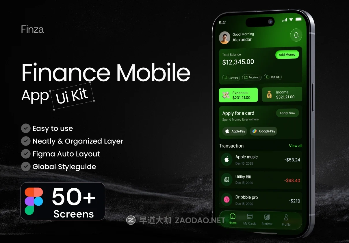 50+屏暗黑金融科技个人理财管理数字钱包银行app应用程序ui界面设计figma模板套件 Finza – Finance Mobile App UI Kit插图 50+屏暗黑金融科技个人理财管理数字钱包银行app应用程序ui界面设计figma模板套件 Finza – Finance Mobile App UI Kit插图