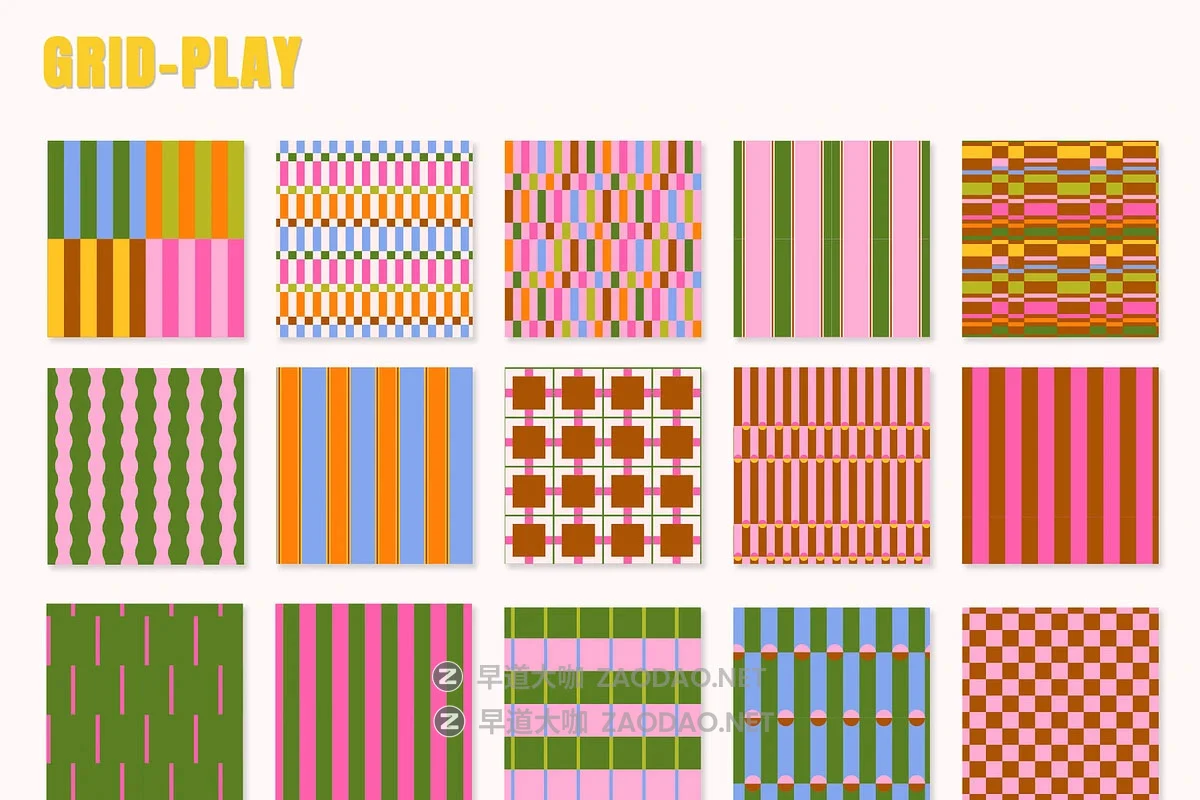50款现代经典北欧几何撞色格纹四方连续无缝拼接图案纹样矢量素材 Grid Play – Stripes & Plaids Seamless Patterns插图13 50款现代经典北欧几何撞色格纹四方连续无缝拼接图案纹样矢量素材 Grid Play – Stripes & Plaids Seamless Patterns插图13