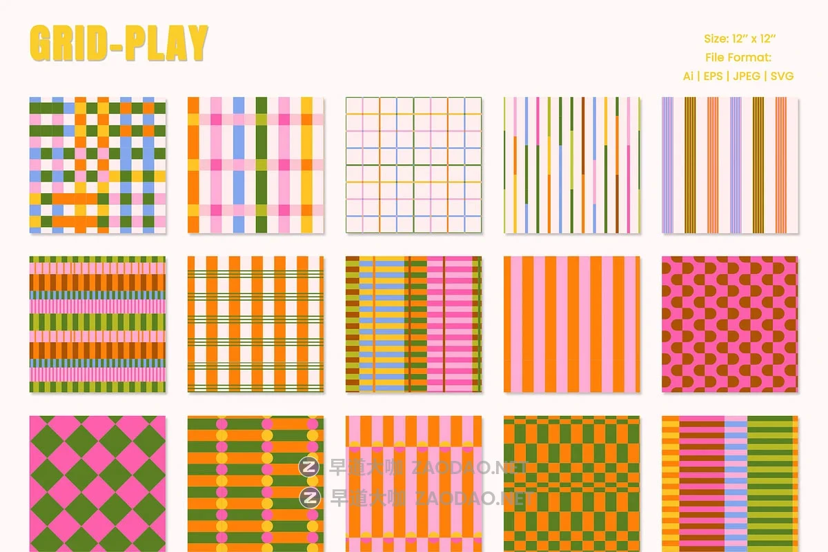 50款现代经典北欧几何撞色格纹四方连续无缝拼接图案纹样矢量素材 Grid Play – Stripes & Plaids Seamless Patterns插图14 50款现代经典北欧几何撞色格纹四方连续无缝拼接图案纹样矢量素材 Grid Play – Stripes & Plaids Seamless Patterns插图14