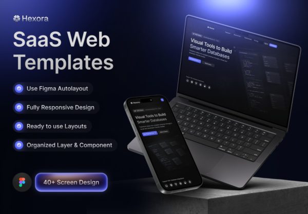 40+屏暗调网络科技数据库软件服务平台SaaS网站UI界面设计Figma模板套件 Hexora – SaaS Website Template UI Kit