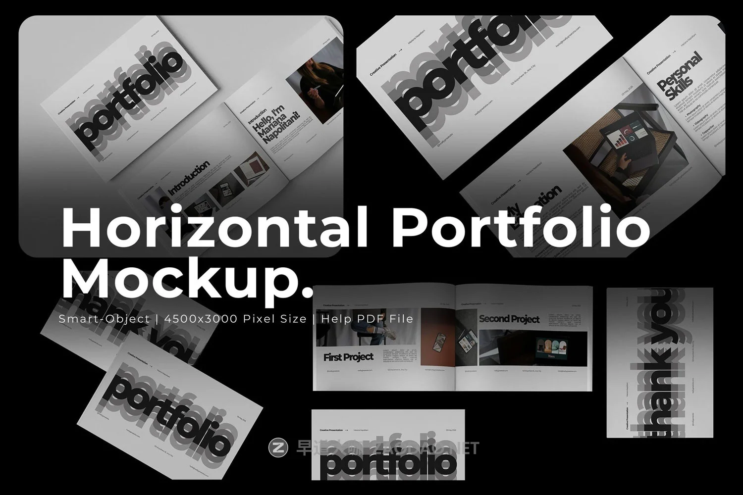 3款横版画册书籍杂志作品集设计效果图ps贴图样机mockup模板 Horizontal Portfolio Mockup插图 3款横版画册书籍杂志作品集设计效果图ps贴图样机mockup模板 Horizontal Portfolio Mockup插图