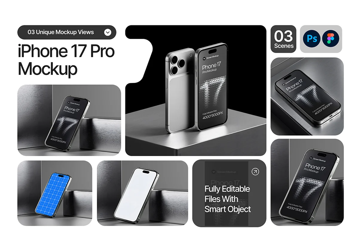 3款工业风ui界面作品集设计ps展示苹果iPhone 17 Pro手机样机mockup模板素材 Iphone 17 Pro Screen Mockup Dark Metal Background Set – 03 Scene