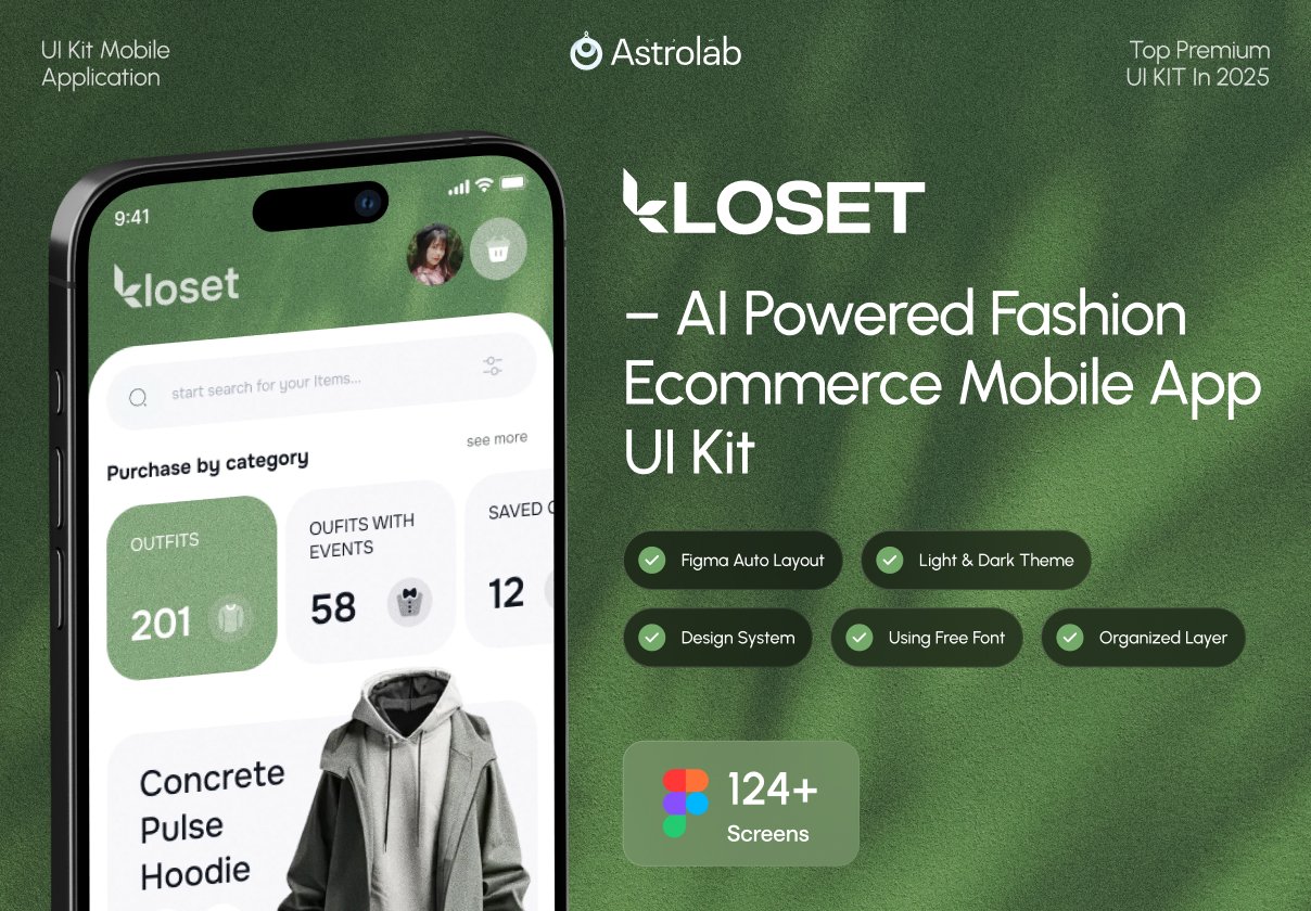 124+屏高端AI智能服装试穿穿搭购物电商app应用程序figma模板ui套件设计素材 KLOSET | AI-Powered Fashion Shopping App UI Kit特色图 124+屏高端AI智能服装试穿穿搭购物电商app应用程序figma模板ui套件设计素材 KLOSET | AI-Powered Fashion Shopping App UI Kit