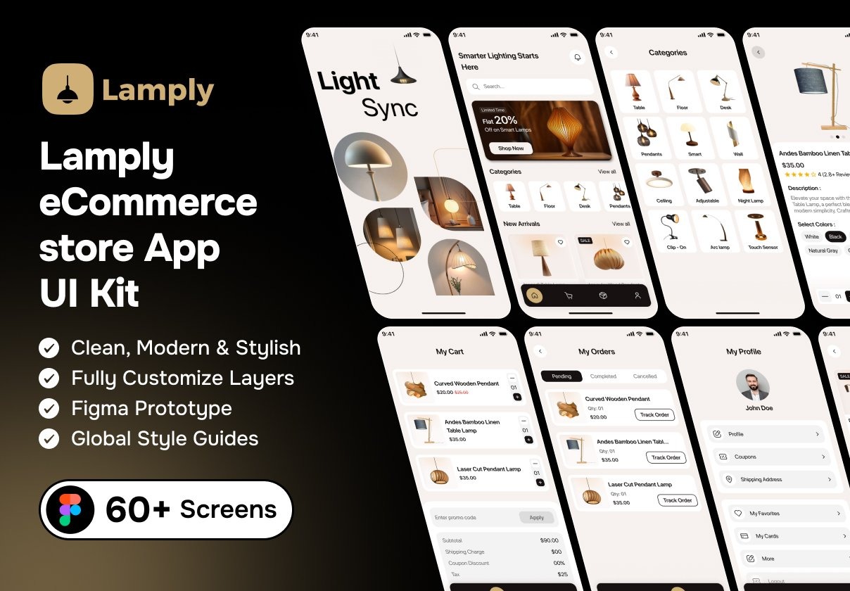 60+屏时尚现代照明灯具家具家居装饰电商移动app ui界面设计figma模板套件素材 Lamply – eCommerce Store App UI Kit特色图 60+屏时尚现代照明灯具家具家居装饰电商移动app ui界面设计figma模板套件素材 Lamply – eCommerce Store App UI Kit