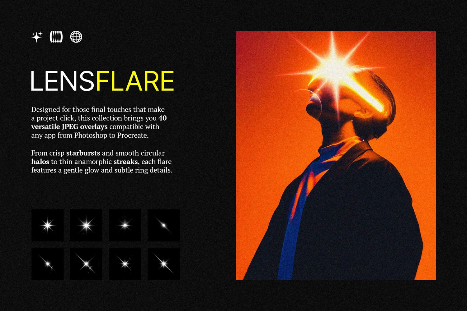 40款高光灯光点镜头光斑光晕星光耀光眩光电影感高清特效图片素材 Lens Flare Overlays Collection特色图 40款高光灯光点镜头光斑光晕星光耀光眩光电影感高清特效图片素材 Lens Flare Overlays Collection
