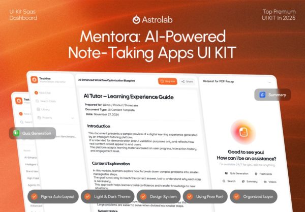 AI智能学习笔记幻灯片PPT图片论文生成网站UI界面设计figma模板 Mentora – AI Tutor & Smart Note-Taking App UI Kit特色图 AI智能学习笔记幻灯片PPT图片论文生成网站UI界面设计figma模板 Mentora – AI Tutor & Smart Note-Taking App UI Kit