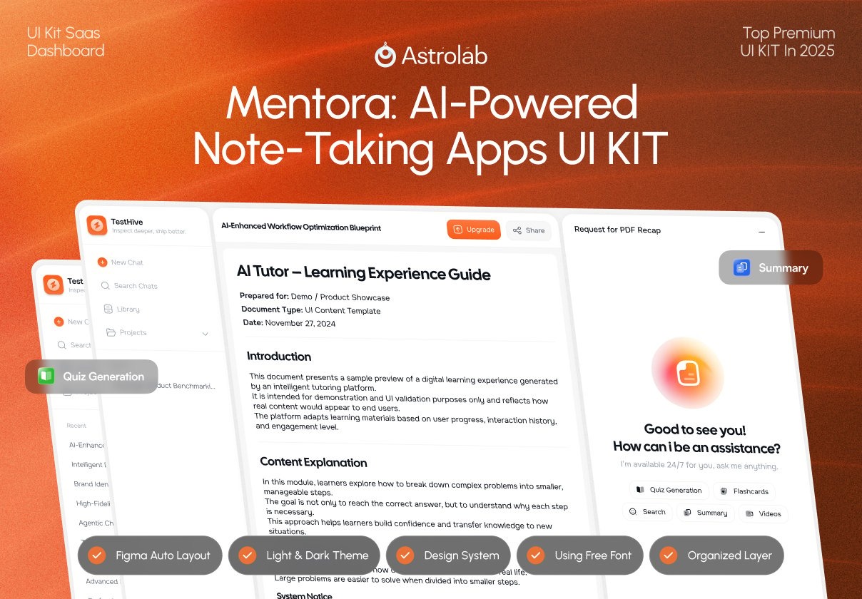 AI智能学习笔记幻灯片PPT图片论文生成网站UI界面设计figma模板 Mentora – AI Tutor & Smart Note-Taking App UI Kit插图 AI智能学习笔记幻灯片PPT图片论文生成网站UI界面设计figma模板 Mentora – AI Tutor & Smart Note-Taking App UI Kit插图