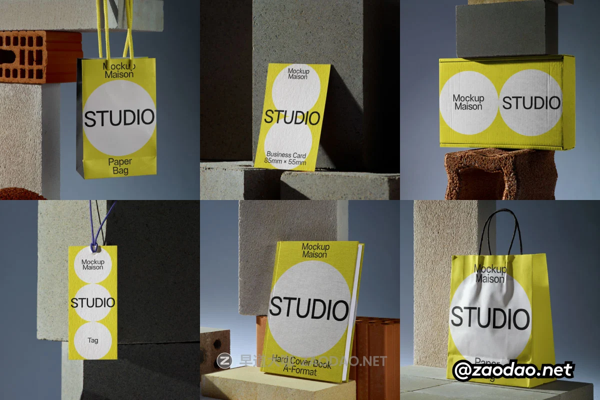 7款砂砖背景书籍吊牌名片卡片包装盒手提袋品牌VI设计PS智能贴图样机模板 Mockup.Maison – Bricks Collection P3插图 7款砂砖背景书籍吊牌名片卡片包装盒手提袋品牌VI设计PS智能贴图样机模板 Mockup.Maison – Bricks Collection P3插图