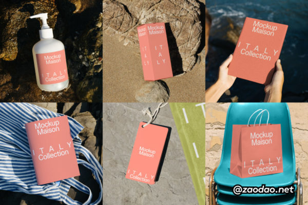 7款夏日海边主题按压瓶包装盒吊牌画册手提袋vi贴图psd样机模板 Mockup.Maison – Italy Beach Collection P1特色图 7款夏日海边主题按压瓶包装盒吊牌画册手提袋vi贴图psd样机模板 Mockup.Maison – Italy Beach Collection P1
