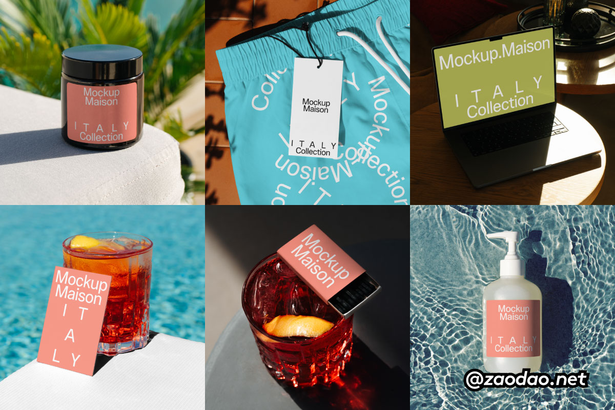 7款夏日主题泳装裤吊牌杯垫名片电脑火柴盒按压包装瓶VI贴图PSD样机模板 Mockup.Maison – Italy Resort Collection P2特色图 7款夏日主题泳装裤吊牌杯垫名片电脑火柴盒按压包装瓶VI贴图PSD样机模板 Mockup.Maison – Italy Resort Collection P2