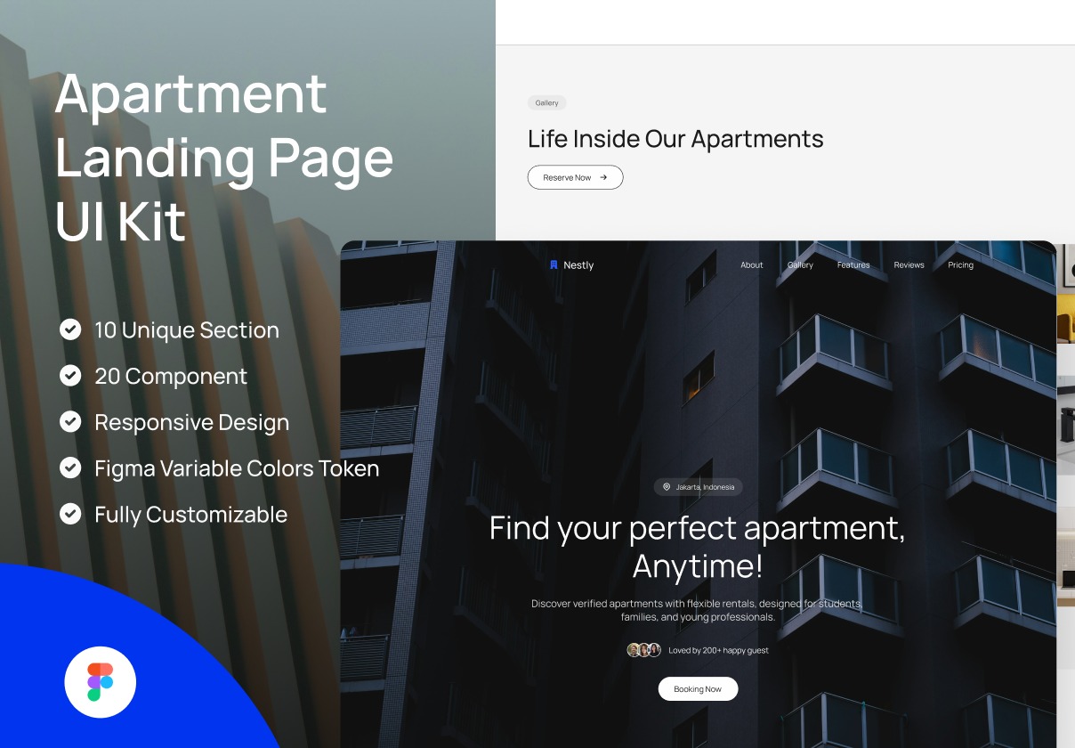 10屏响应式度假村公寓民宿房屋出租租赁预定网站ui界面设计figma模板 Nestly – Apartment Landing Page UI Kit特色图 10屏响应式度假村公寓民宿房屋出租租赁预定网站ui界面设计figma模板 Nestly – Apartment Landing Page UI Kit