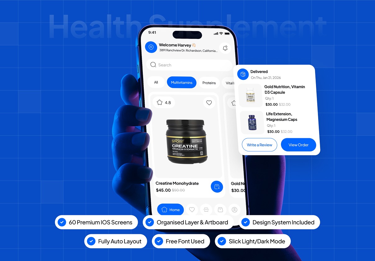 60屏健康补品营养品电商商城app应用程序ui设计figma界面模板素材 NutraOne – Health Supplement Ecommerce App UI Kit特色图 60屏健康补品营养品电商商城app应用程序ui设计figma界面模板素材 NutraOne – Health Supplement Ecommerce App UI Kit