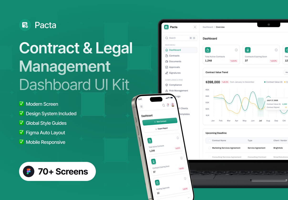 70+屏高级企业合同律师所服务SaaS产品平台仪表盘ui界面设计figma模板 Pacta – Contract & Legal Management Dashboard UI Kit特色图 70+屏高级企业合同律师所服务SaaS产品平台仪表盘ui界面设计figma模板 Pacta – Contract & Legal Management Dashboard UI Kit