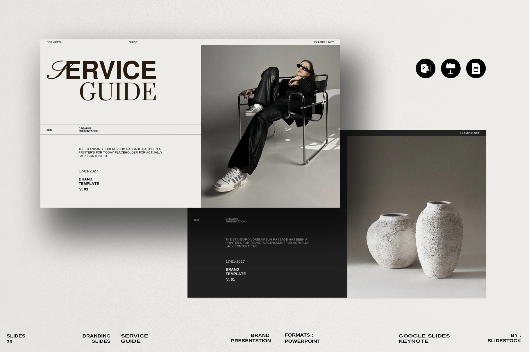 30页服装品牌营销策划提案幻灯片图文布局设计ppt/keynote模板素材 Service Guide Template