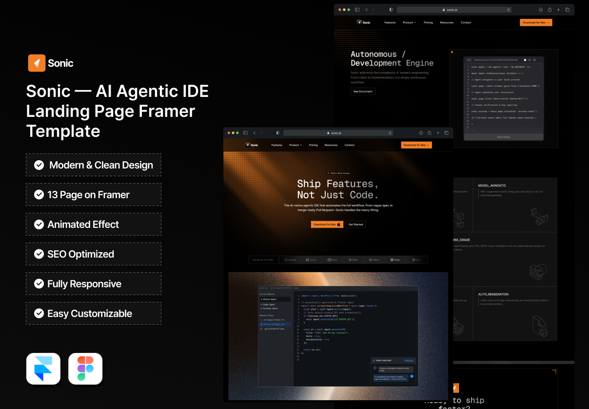 暗黑响应式AI智能产品服务SaaS平台网站用户界面ui设计figma/framer模板 Sonic — AI Agentic IDE Framer Template