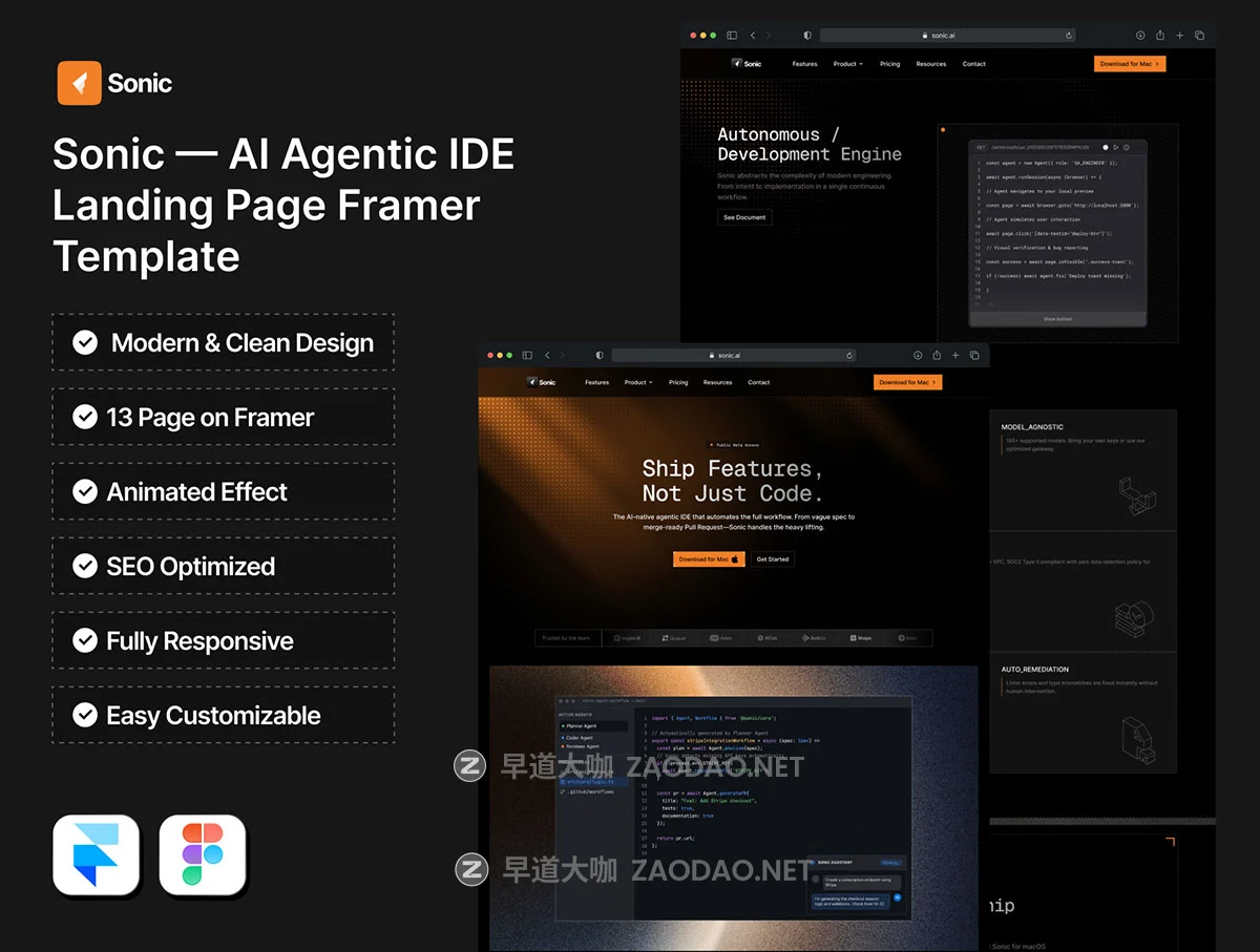 暗黑响应式AI智能产品服务SaaS平台网站用户界面ui设计figma/framer模板 Sonic — AI Agentic IDE Framer Template插图4 暗黑响应式AI智能产品服务SaaS平台网站用户界面ui设计figma/framer模板 Sonic — AI Agentic IDE Framer Template插图4