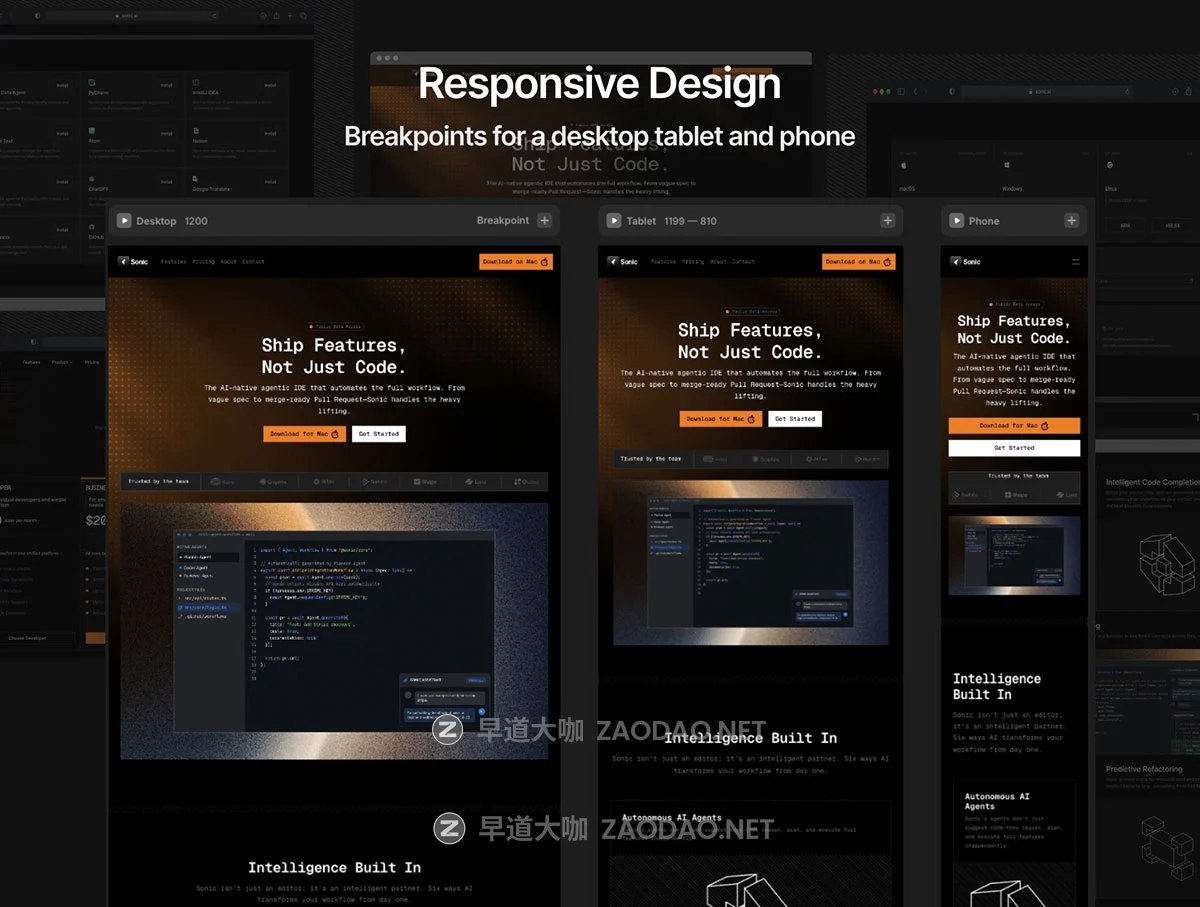 暗黑响应式AI智能产品服务SaaS平台网站用户界面ui设计figma/framer模板 Sonic — AI Agentic IDE Framer Template插图6 暗黑响应式AI智能产品服务SaaS平台网站用户界面ui设计figma/framer模板 Sonic — AI Agentic IDE Framer Template插图6