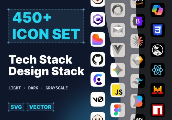 450款云服务前端框架设计软件协作工具商标logo图标figma格式素材 Tech & Design Stack Icons — 450+ SVG Logos (AI, Frontend, Cloud, Tools)
