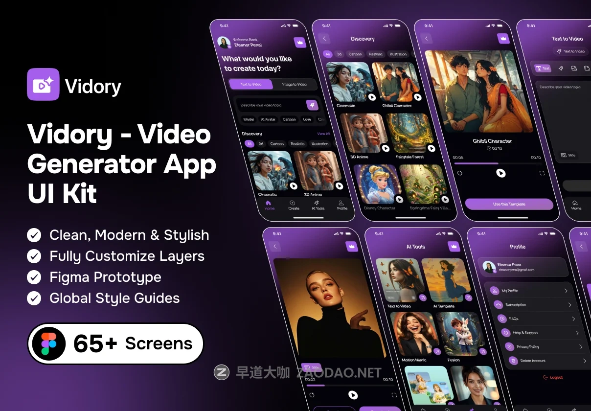 65+屏AI智能短视频电影vlog生成器移动订阅功能app ui界面设计figma模板套件 Vidory AI Video Generator App UI Kit插图 65+屏AI智能短视频电影vlog生成器移动订阅功能app ui界面设计figma模板套件 Vidory AI Video Generator App UI Kit插图