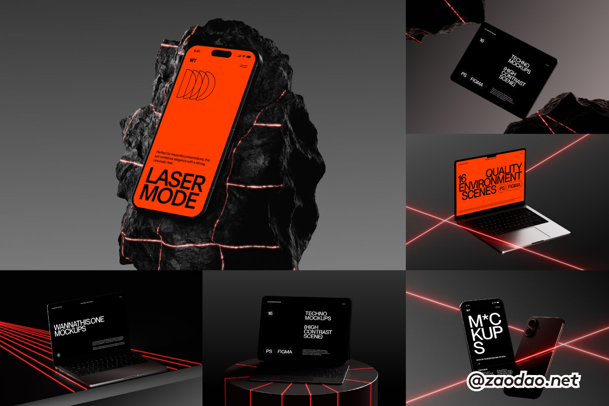 16款暗黑工业风苹果iPhone手机iPad平板MacBook电脑ui作品集贴图psd/figma样机模板 Wannathis – Laser light Apple device mockups特色图 16款暗黑工业风苹果iPhone手机iPad平板MacBook电脑ui作品集贴图psd/figma样机模板 Wannathis – Laser light Apple device mockups
